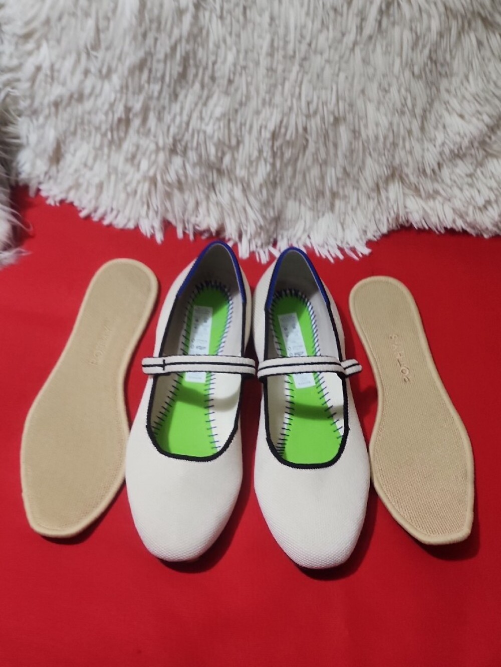Rothy's The Square  Cream Mary Jane Flats with Black Trim and Blue Edge - Picture 9 of 11